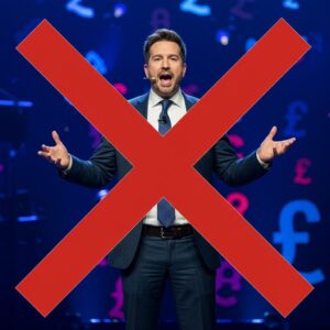 A typical "7 Figure, follow my blueprint for success guru", up on stage, hard selling the next big money maker with £ signs everywhere, with a giant red cross through it.