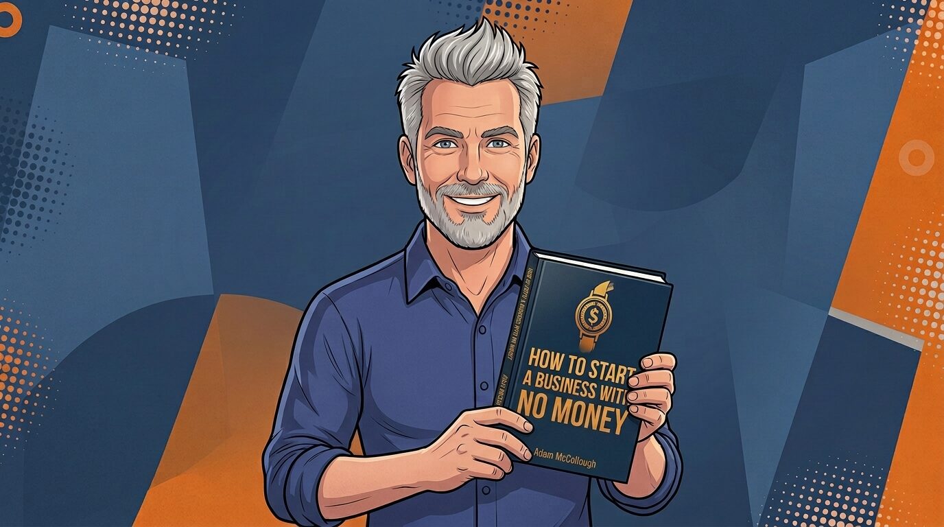 Adam McCollough, holding his book, How to Start a Business with No Money